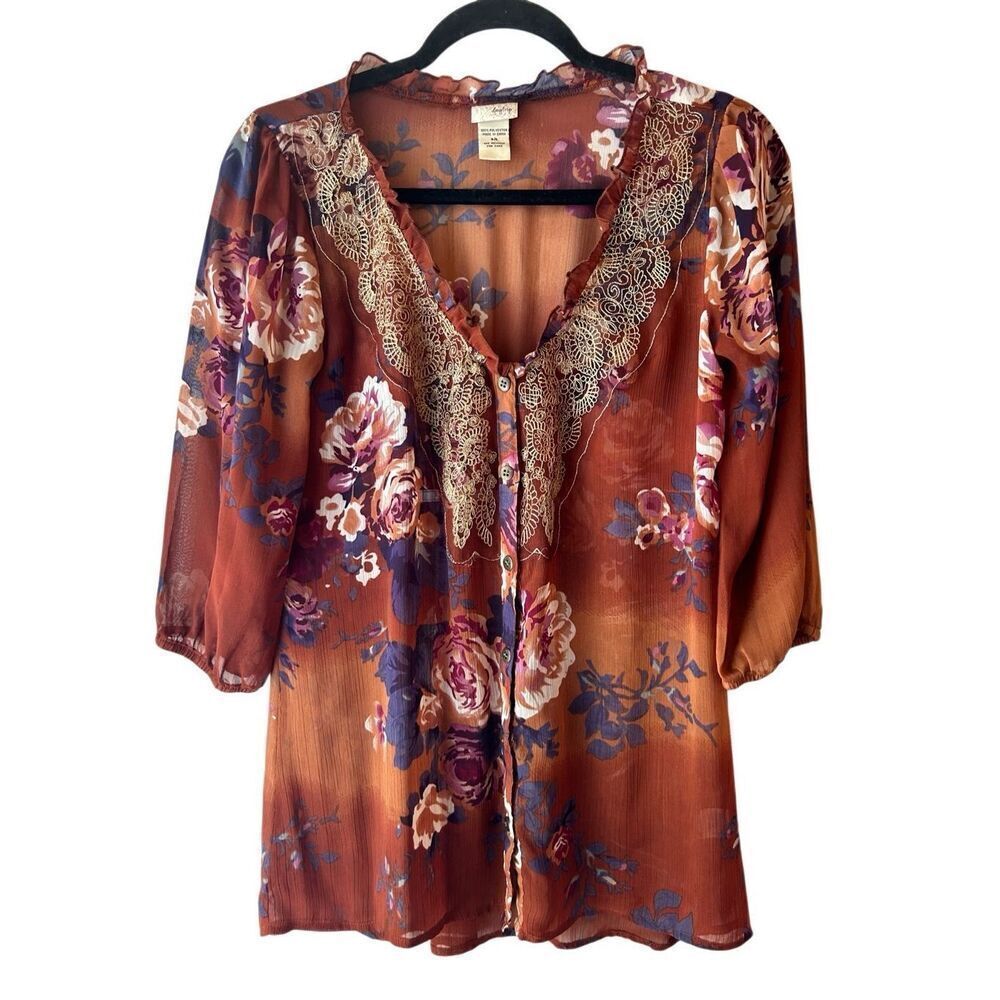 Vintage Y2K Daytrip Floral Sheer Boho Blouse – Lace Trim sz M – Phoebe Coquette